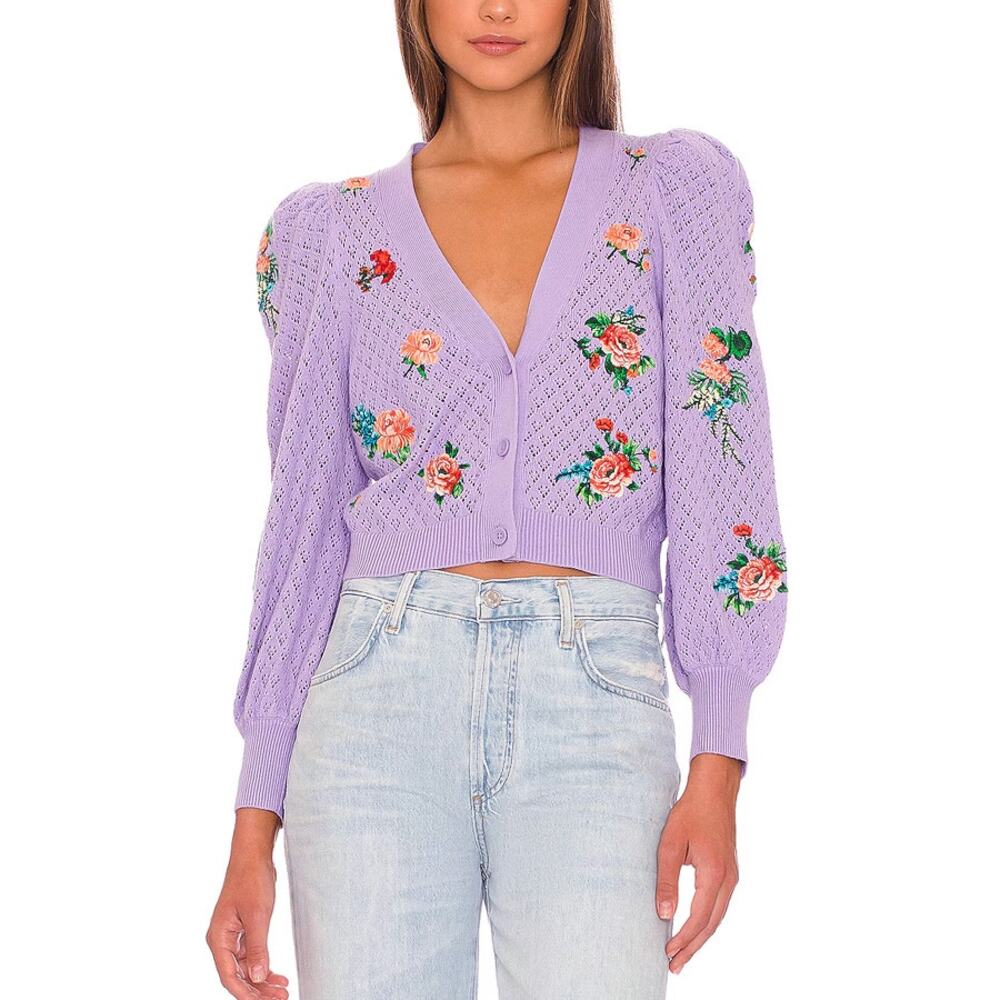 Alice + Olivia Lavender Floral Embroidered Cardigan NWT NEW Size M